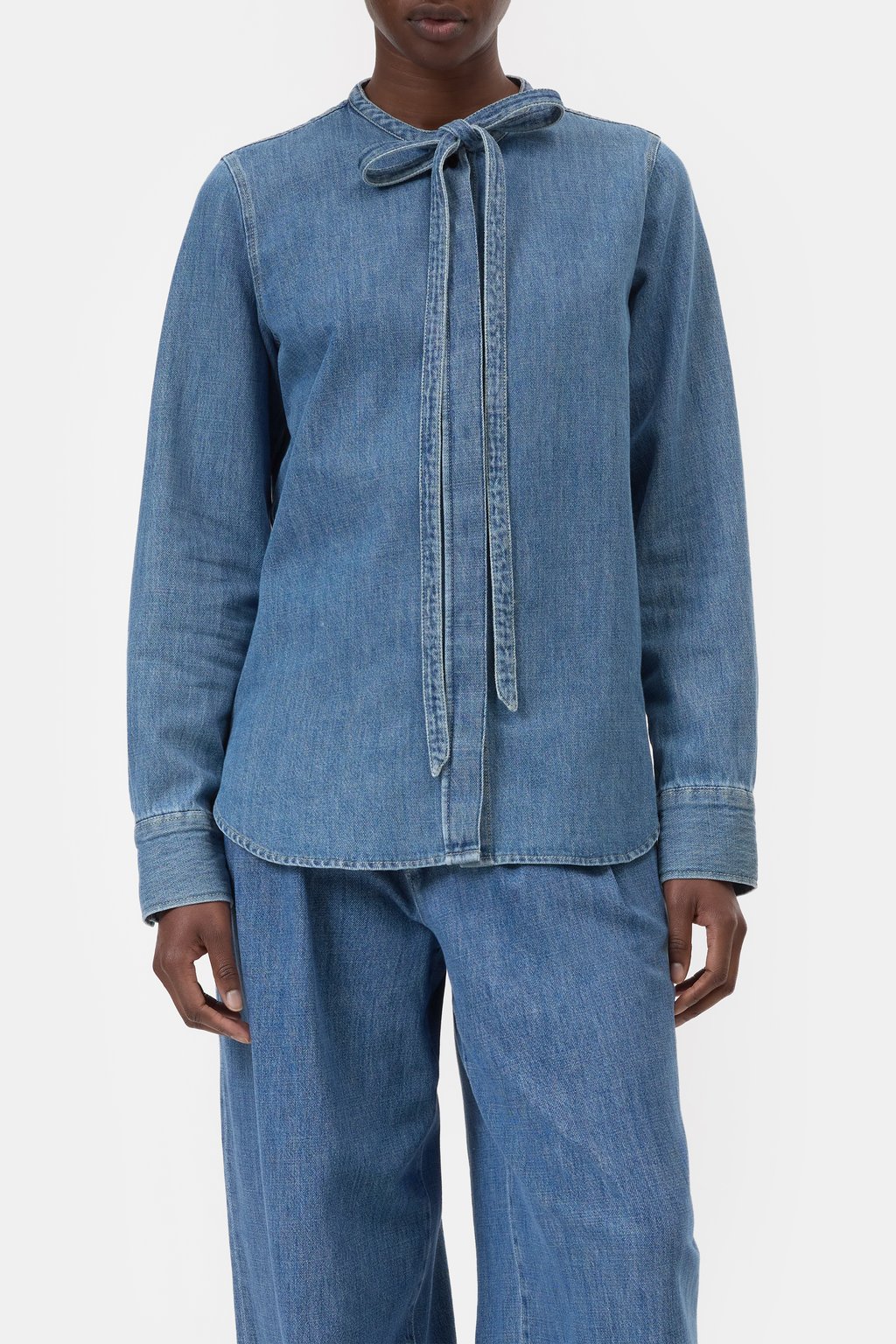 Denim-Bluse mit Schleife