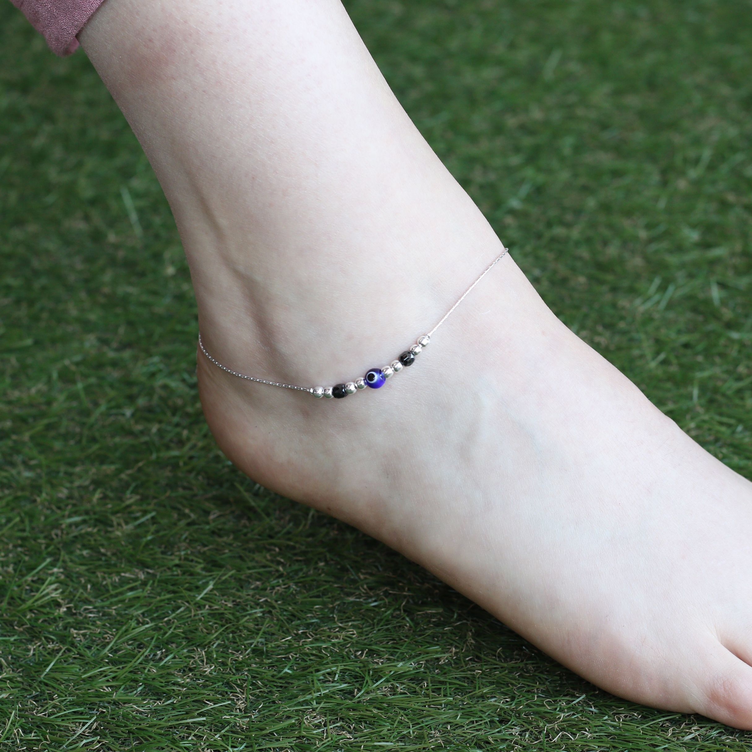 The Colourful Aura Pure Silver Beaded Evil Eye Nazar Payal Anklet