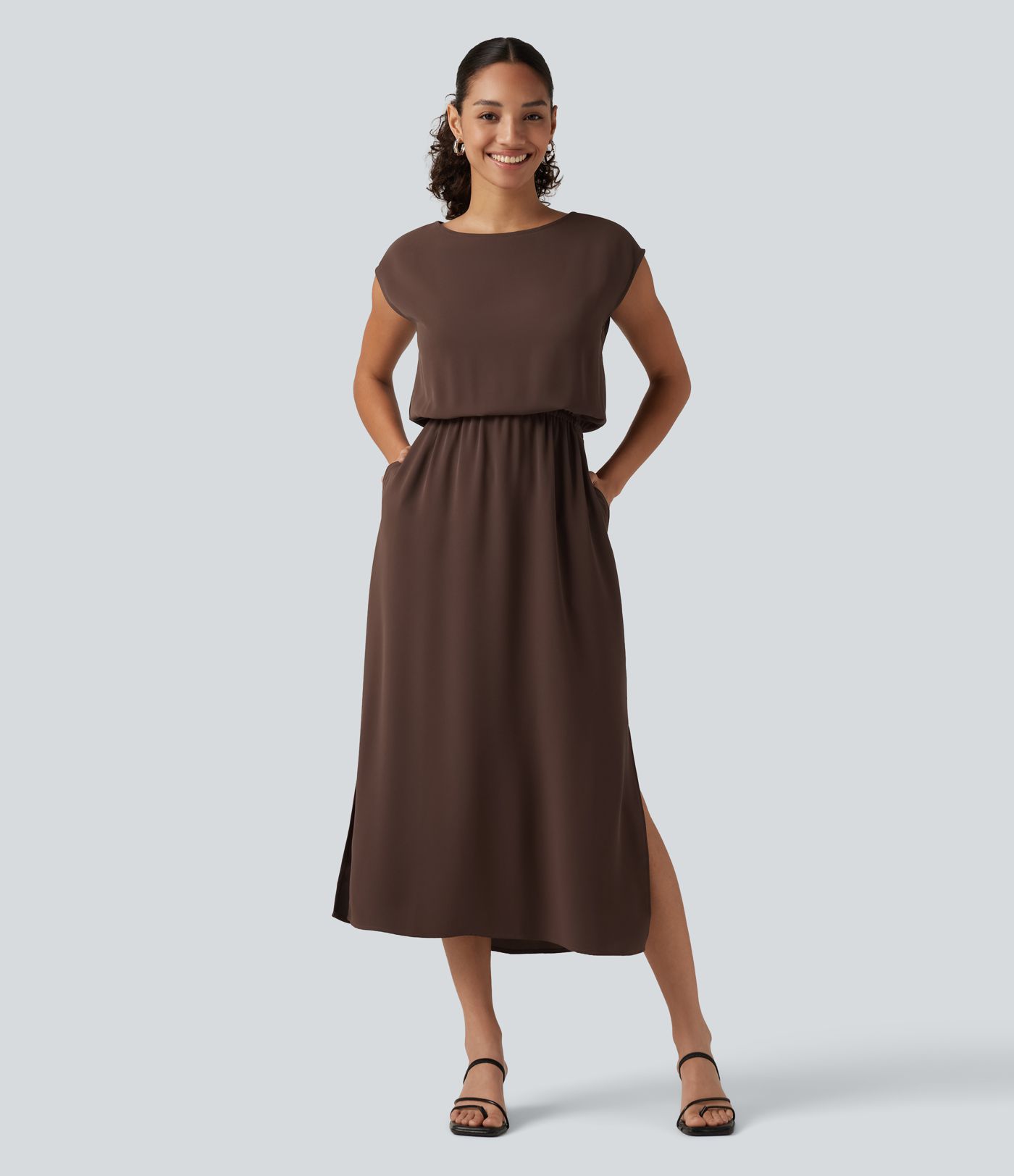 Robe midi de bureau à encolure bateau, mancherons et poches