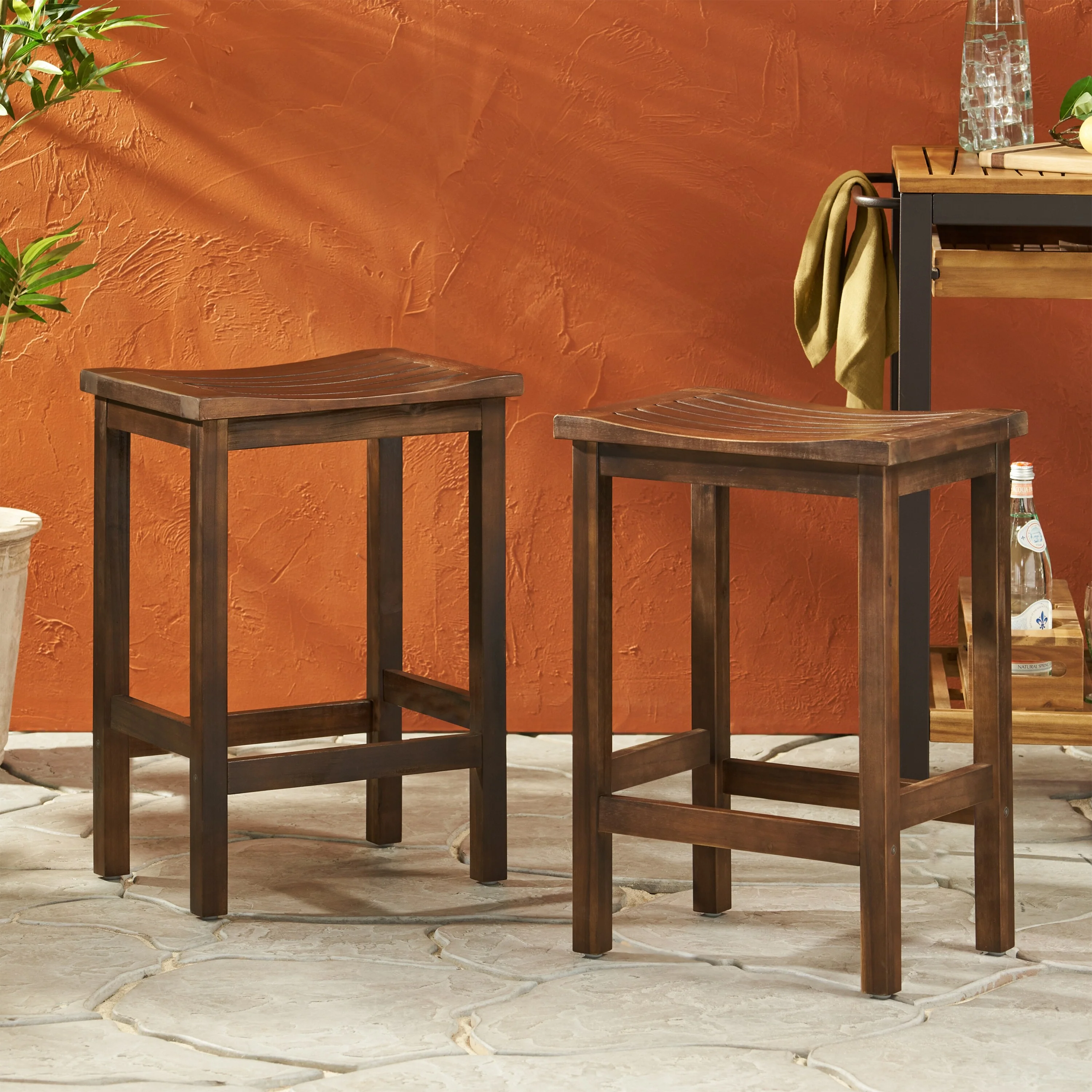 2-Pack Outdoor Acacia Wood Counter Height Bar Stools