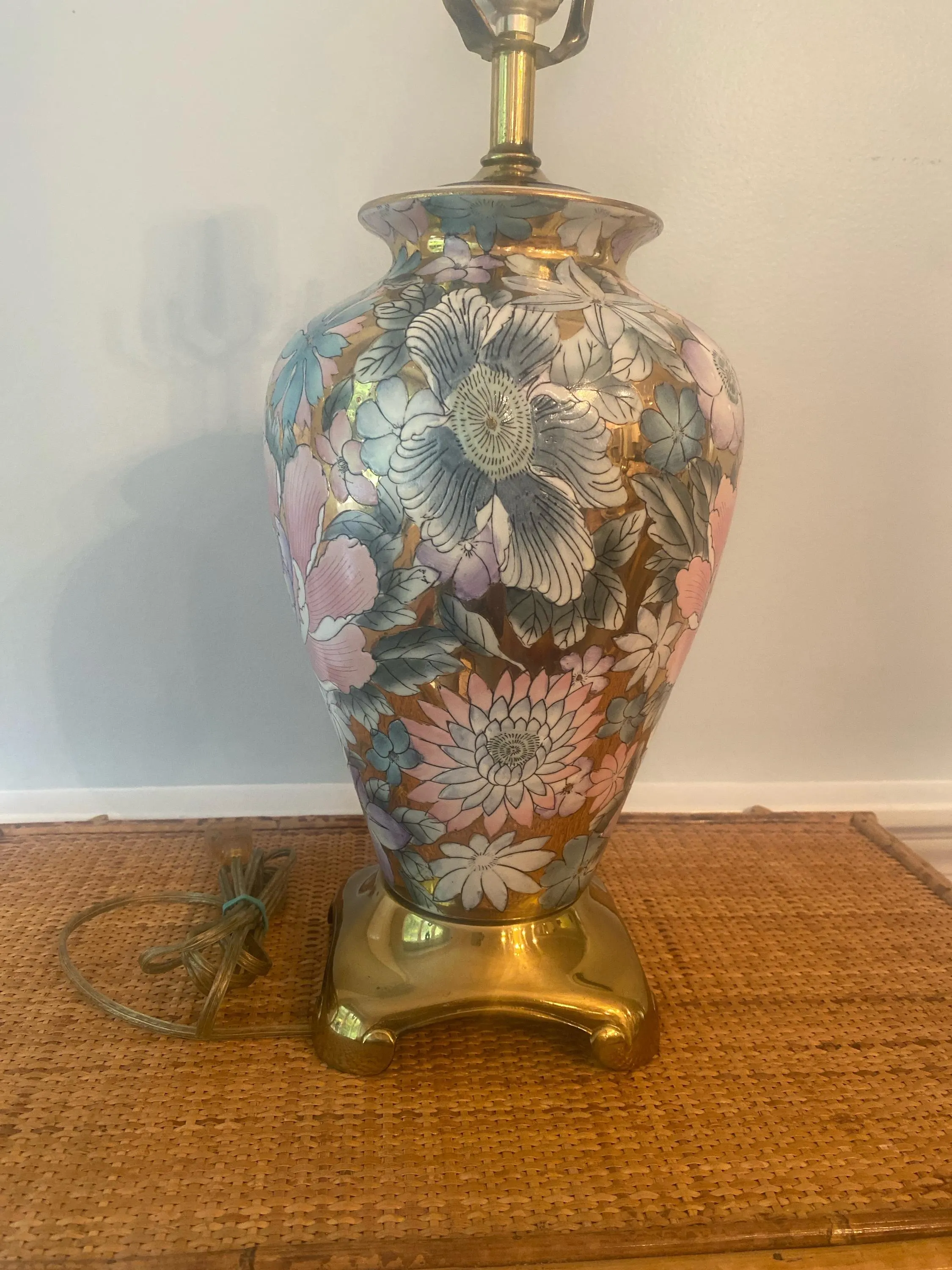 Toyo Golden Peony Motif Table Lamp; Vintage Chinoiserie Floral Ceramic Brass Accent Lamp, Asian Decor