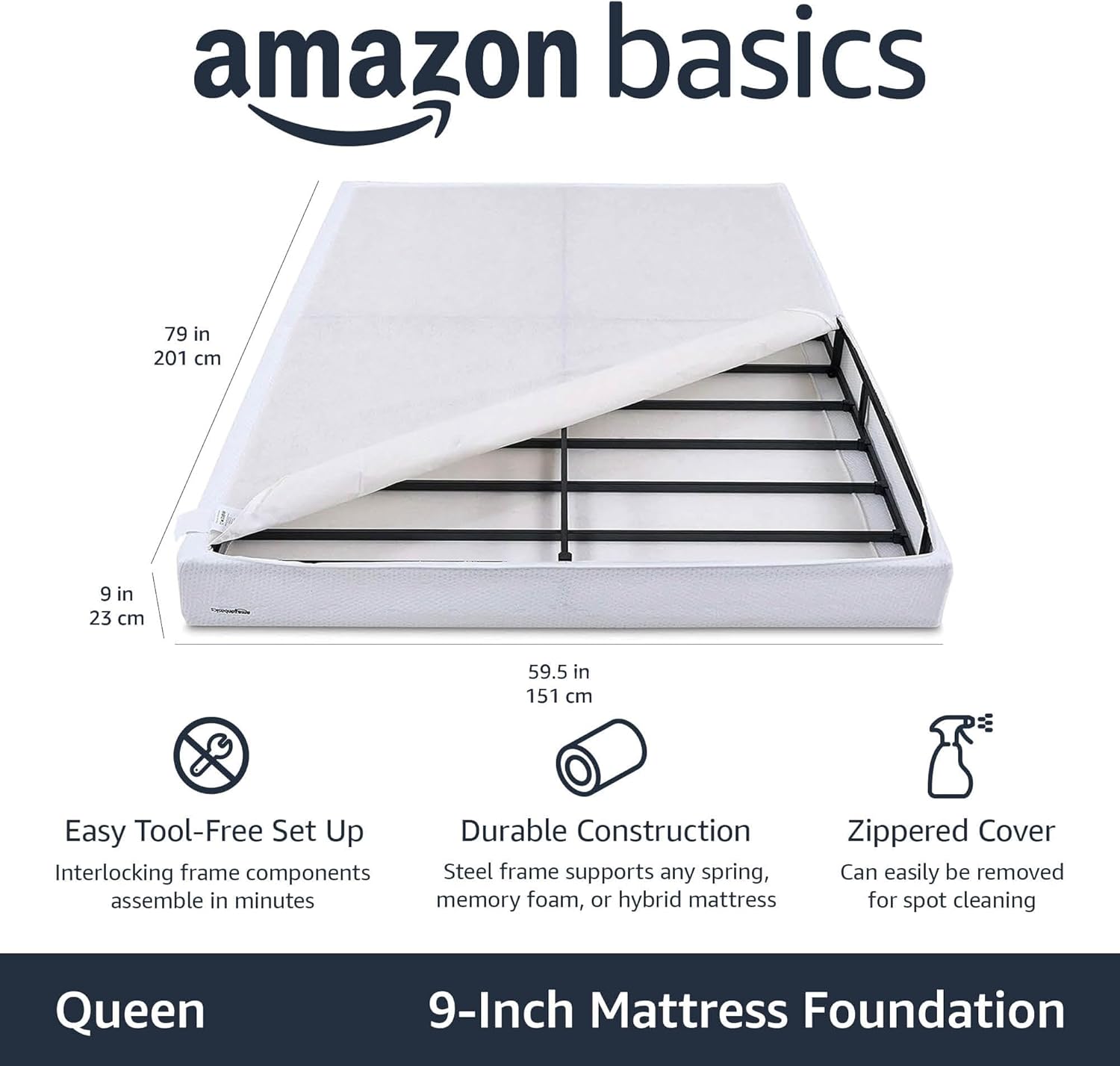 Amazon Basics Smart Box Spring Bed Base, 9-Inch Height Mattress Foundation, Tool-Free Easy Assembly, Strong Support, Queen, 79L x 59.5W x 9H, White