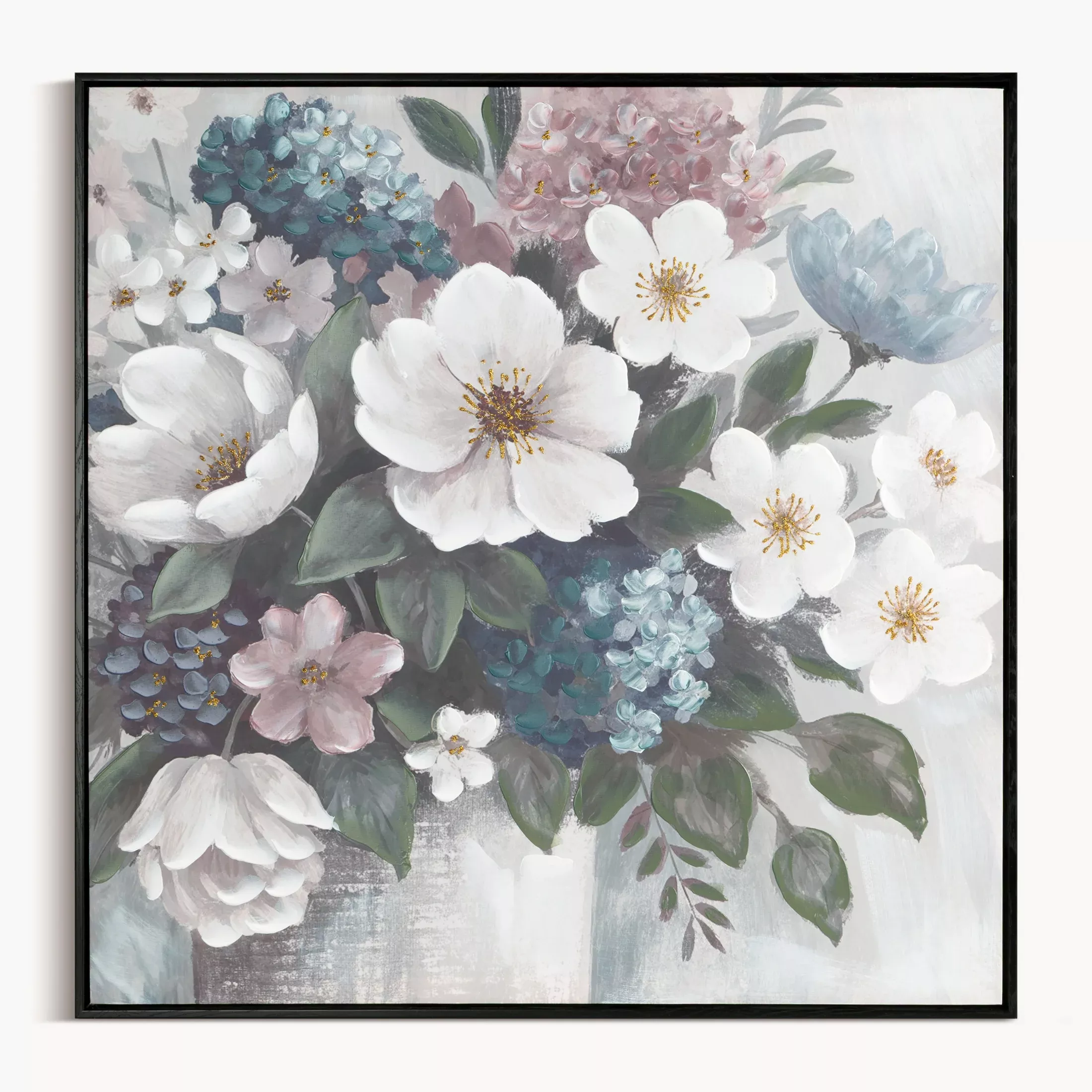 Obraz kremowo, zielony ręcznie malowane kwiaty na płótnie z błyszczącymi akcentami 80x80 cm