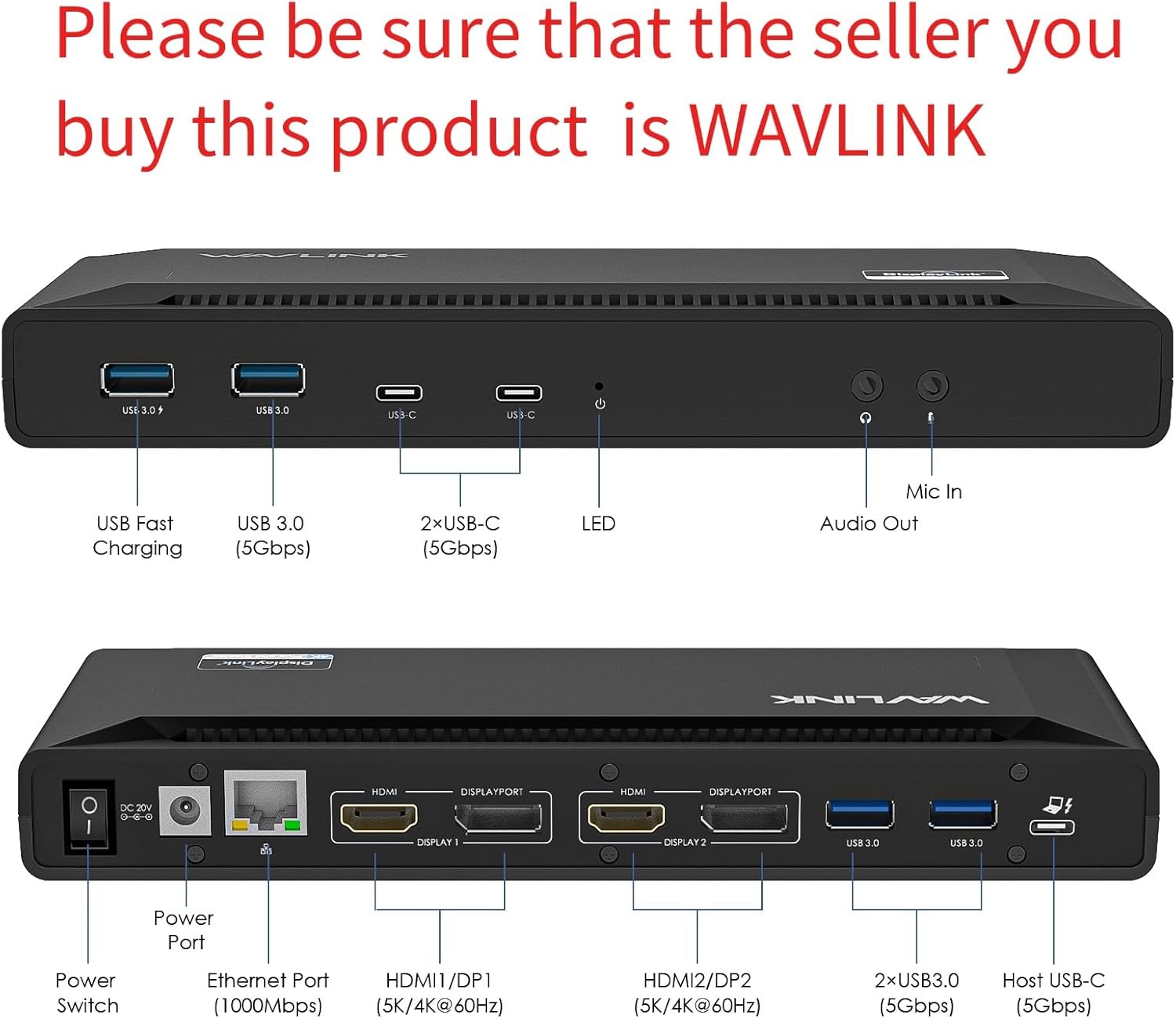 WAVLINK Universal USB C Laptop Docking Station Dual Monitors 5K/4K@60Hz with 65W Host Charging for Thunderbolt 4/3  USB-C Windows  Mac M1-M5/Macbook Neo  Chrome (2HDMI+2DP)  6USB 3.0  1Gbps Ethernet