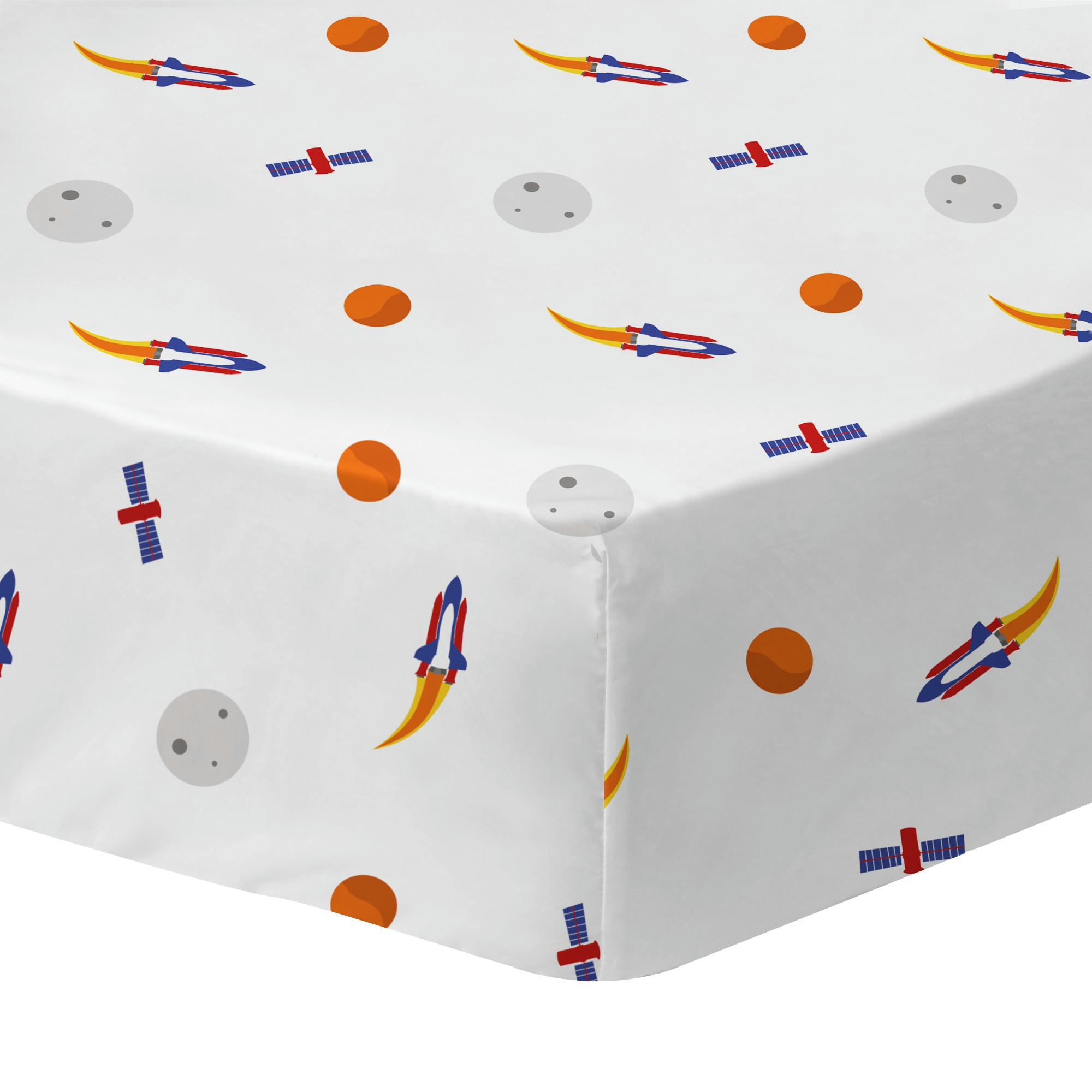 EXPLORE SPACE - Drap-housse imprimé en coton Blanc 90x190/200cm - Bonnet 30cm