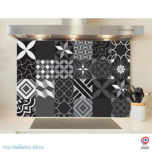 Crédence cuisine fond de hotte Carreaux ciment noir - Verre trempé - L 90 cm x H 60 cm - MaCrédenceDéco