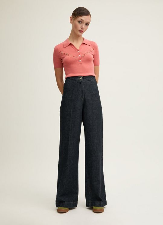 Ami Wide Leg Cotton Blend Denim Black Trousers