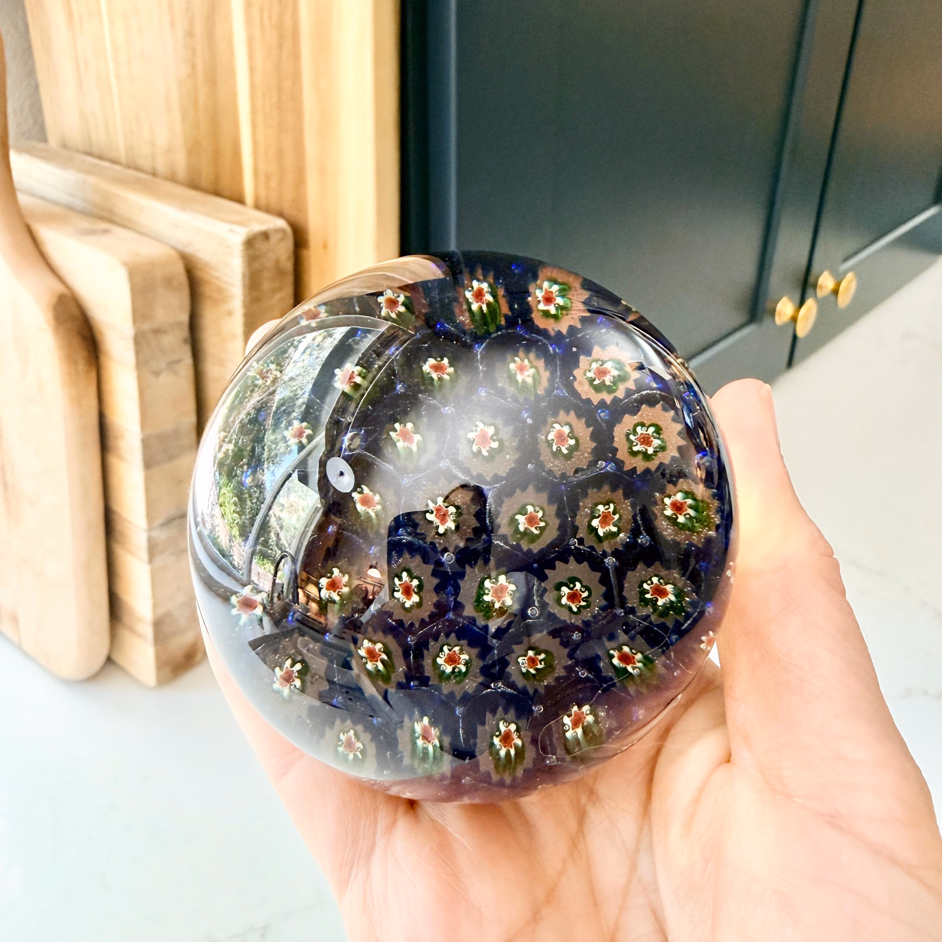 Vintage Blue Millefiori Paperweight, Hand Blown Murano Style Art Glass, Floral Motif