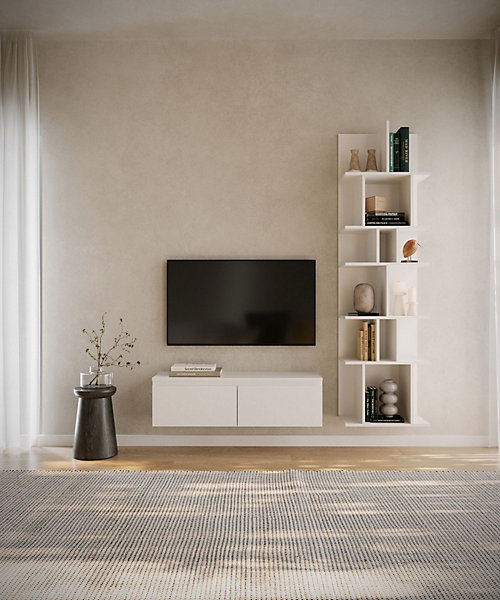 Etagere blanche murale et autoportante a compartiments asymetriques 180 cm modele Bemmi
