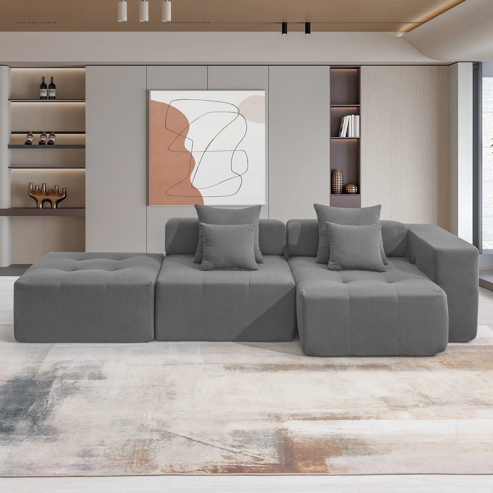 L-shaped corduroy upholstered sectional sofa with ottoman