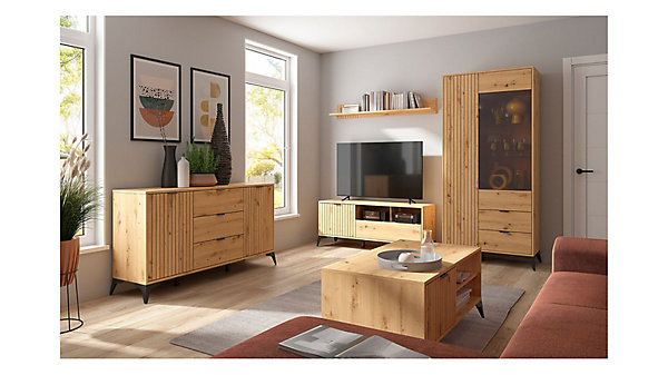 Commode Buffet à 2 portes et 3 tiroirs,coloris Chêne artisan - Longueur 150 x Profondeur 41 x Hauteur 83 cm