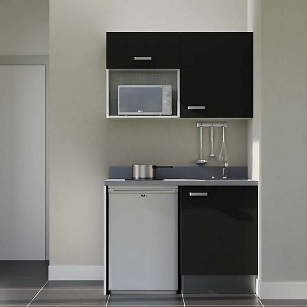 Kitchenette K07 - 120 cm - façades Noir - Plan monobloc en quartz coloris Cromo évier à droite