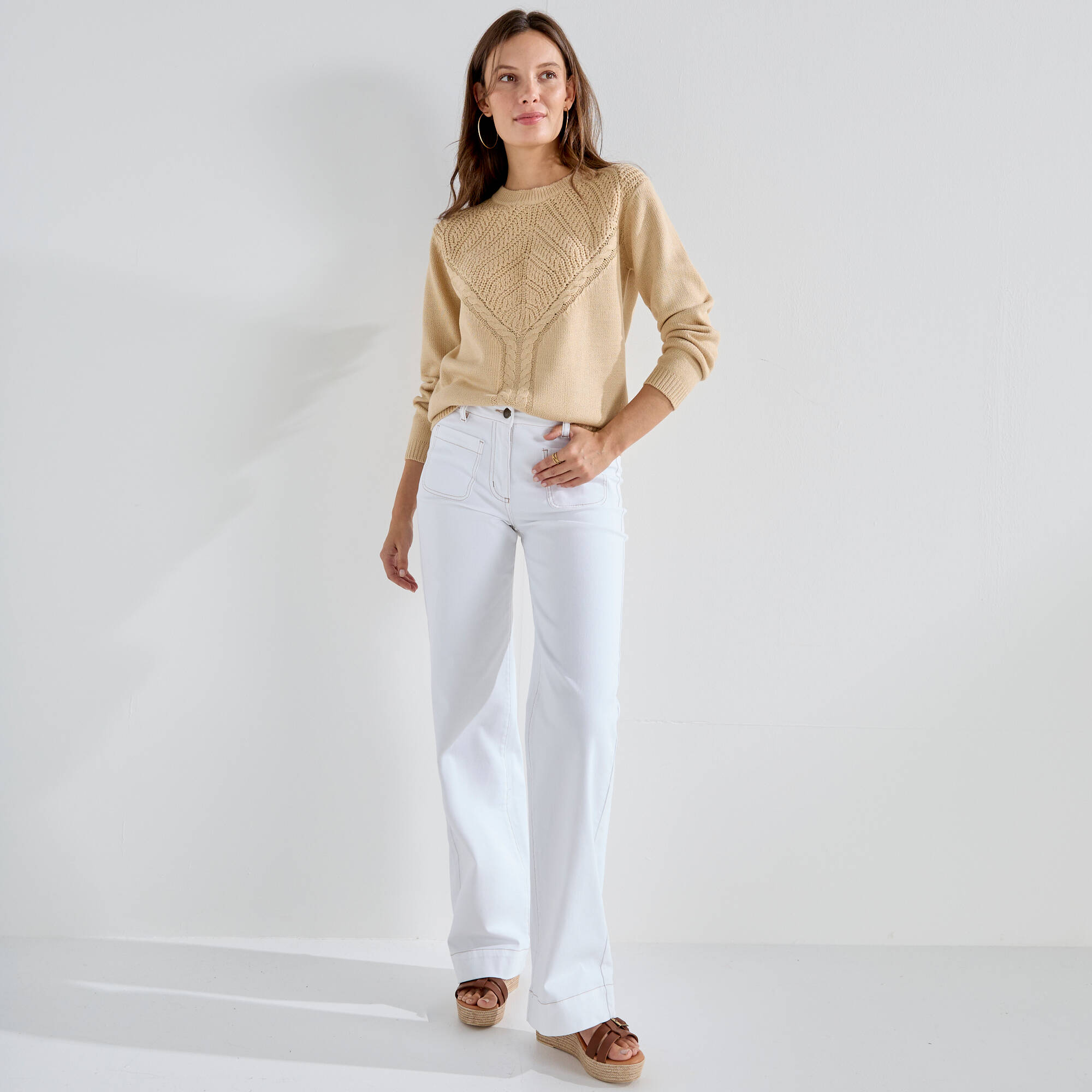 Pull col rond, maille fantaisie