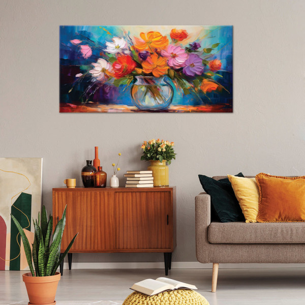 Feeby Obraz na płótnie, Malowany Bukiet Kwiatów w Wazonie 80x40