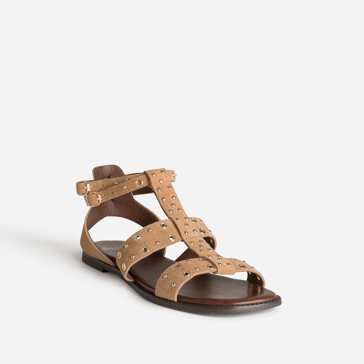 Sandale beige cuir velours œillets et clous