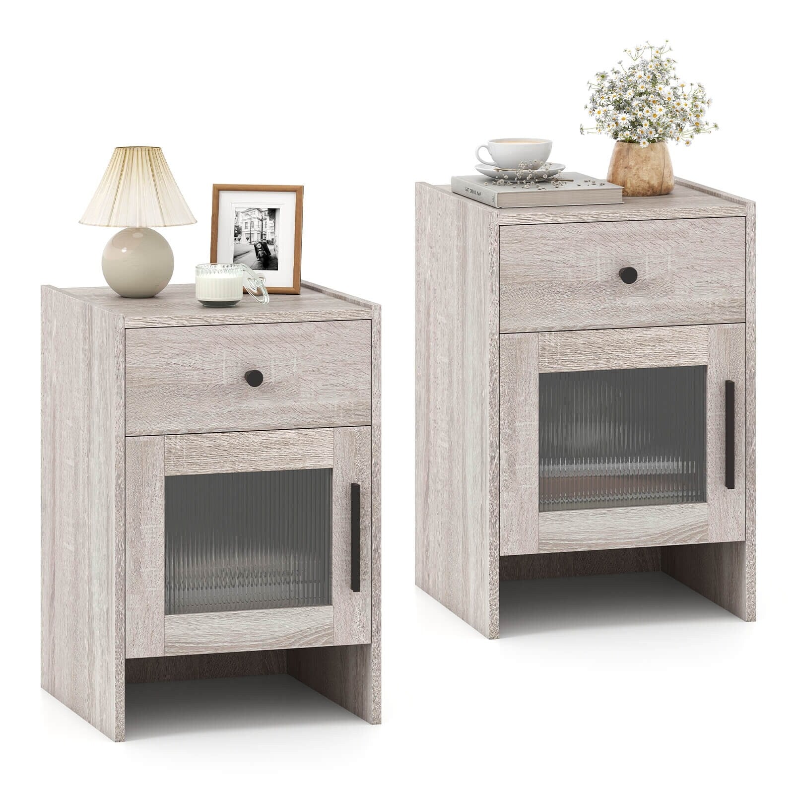 Costway 1/2 PCS Farmhouse Nightstand Fluted Bed Side Table with Large - Antique Brush White