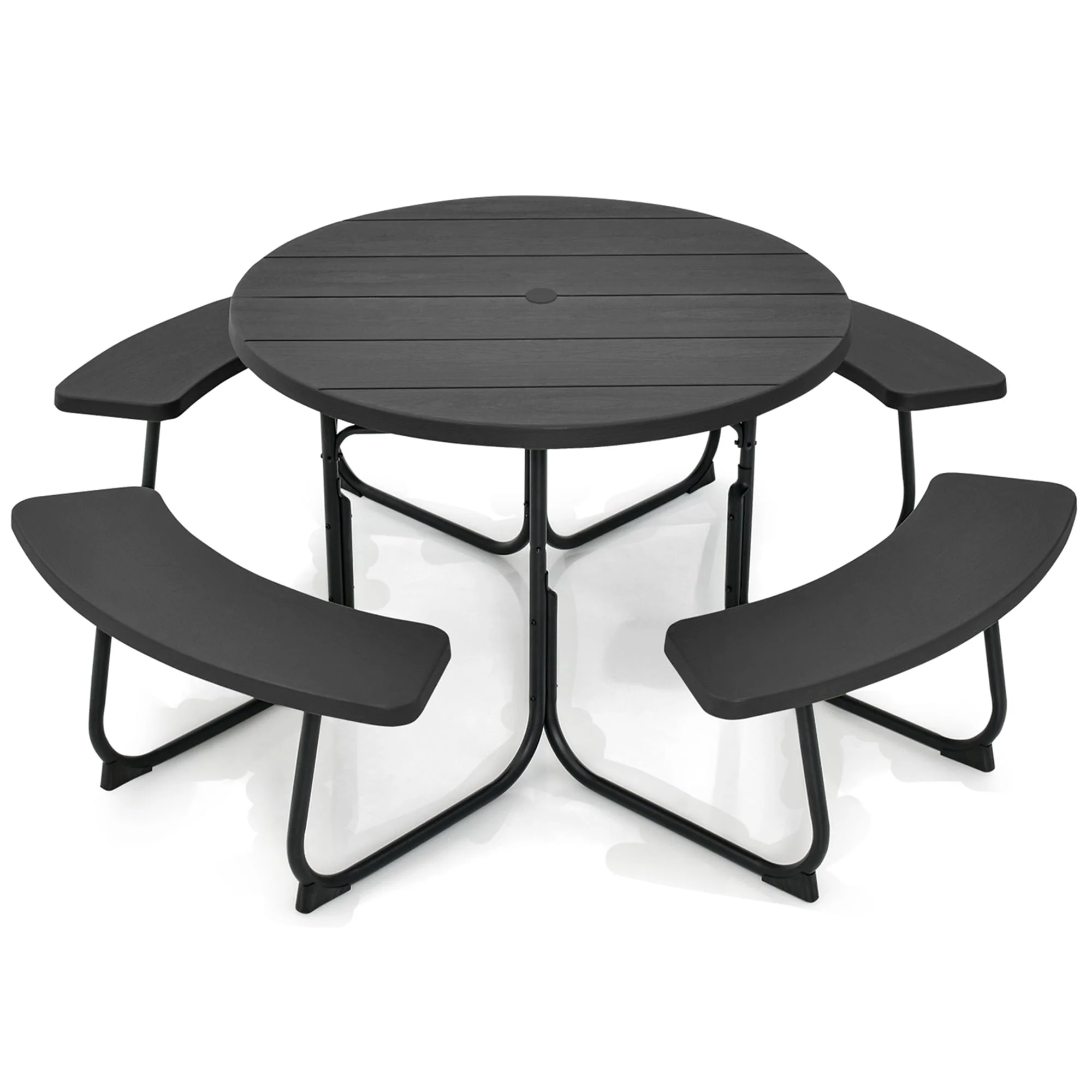 Outdoor Round Picnic Table Bench Set with 4 Benches & Umbrella Hole
