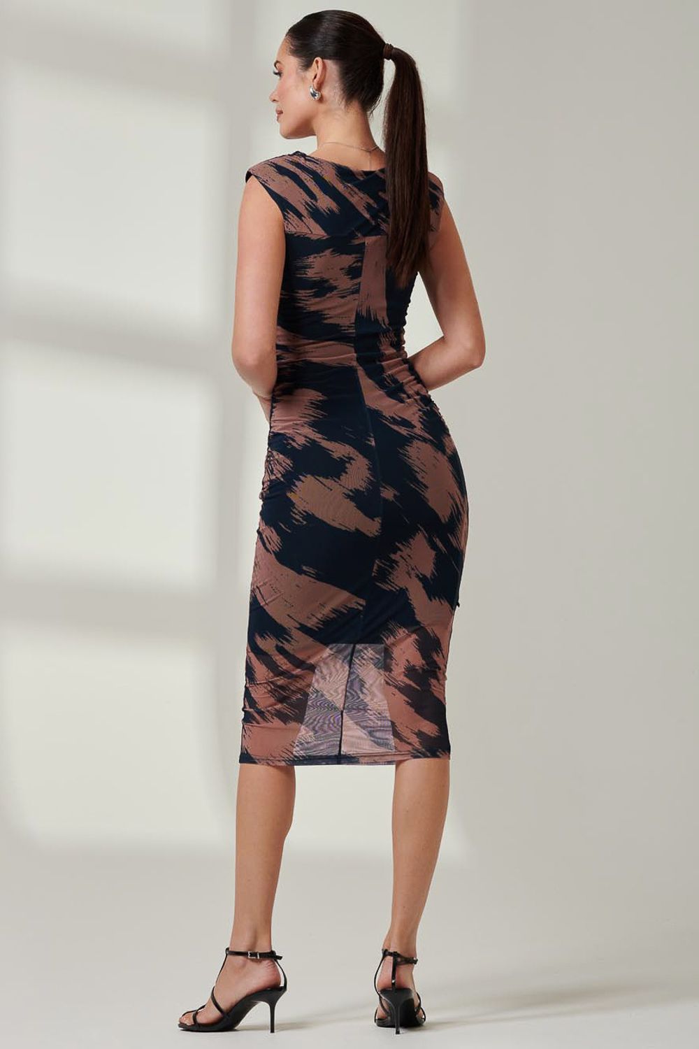 Jolie Moi Mesh Shoulder Pad Bodycon Midi Dress