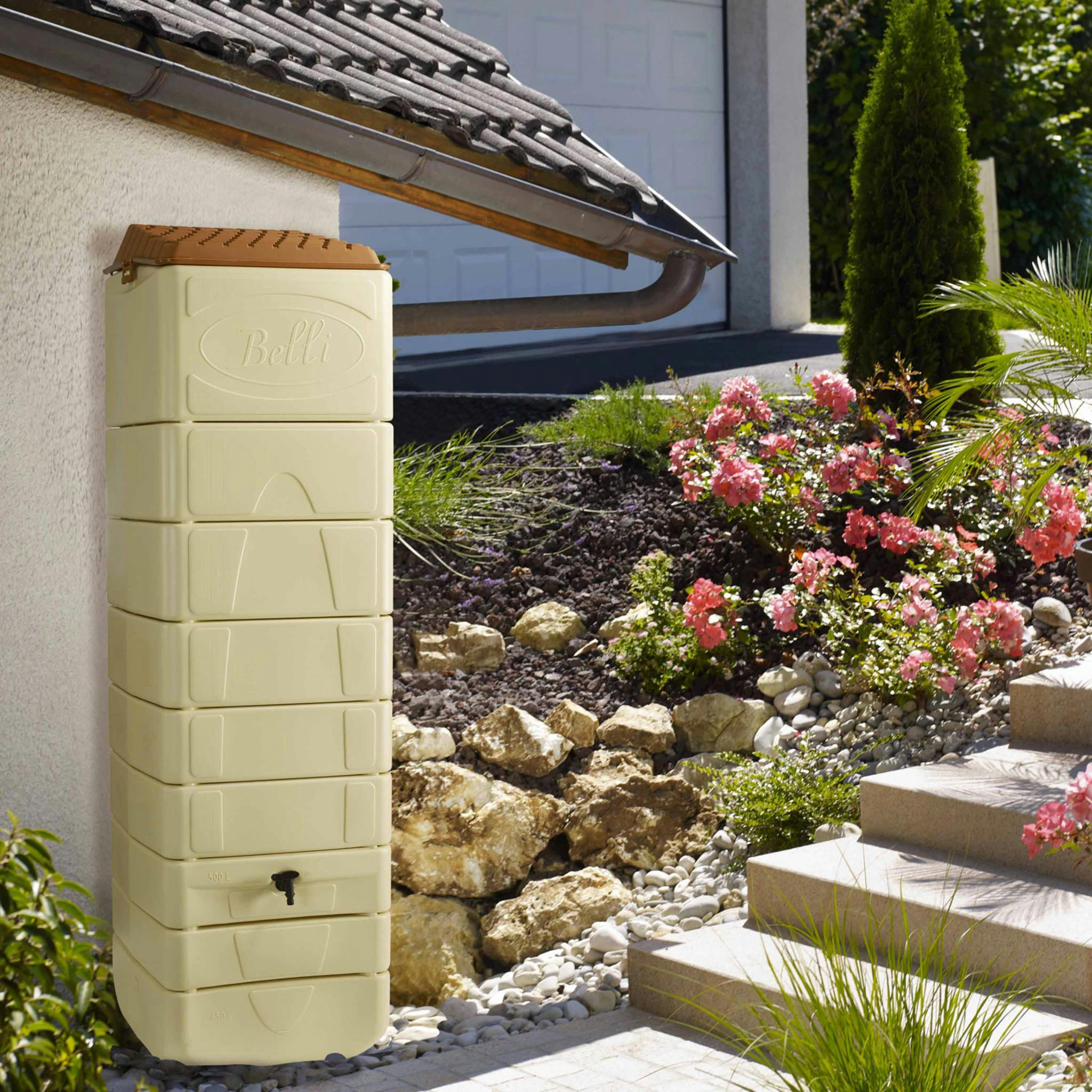 NAUSSAC - Récupérateur d'eau mural naussac 650l beige avec kit raccord chéneau