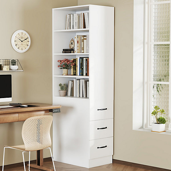 Bibliothèque - Bibliothèque Haute avec étagères Réglables et Tiroirs, Colonne de Rangement étroit, MDF, 60x38x180 cm, Blanc