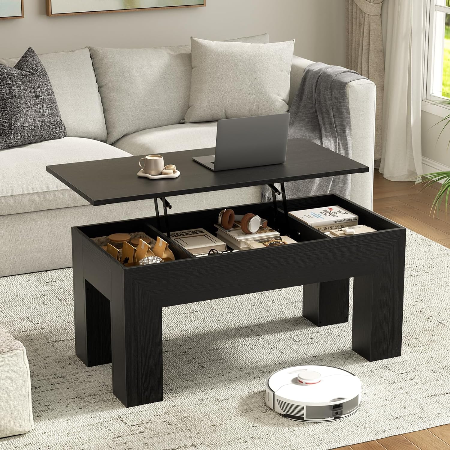 FABATO 41.7'' Lift Top Coffee Table, Wooden Rectangle Coffee Table with Hidden Storage, Large Center Table Adjustable Height Sofa Table for Living Room Office Apartment, Black