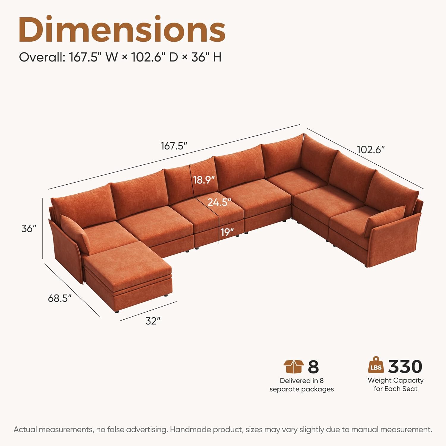 ABCASA 167.5 Oversized Modular Sectional Sofa, U Shaped Convertible Couch with Movable Ottoman, Large 8 Seat Corner Couches for Living Room Deep Seat Terracotta Chenille