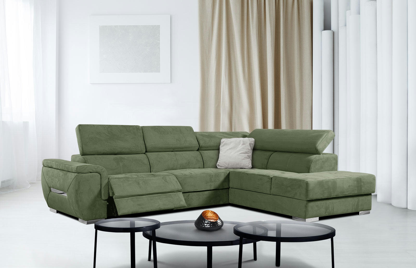 KELTE - Canapé d'angle droit 5 places avec une relaxation tissu vert olive