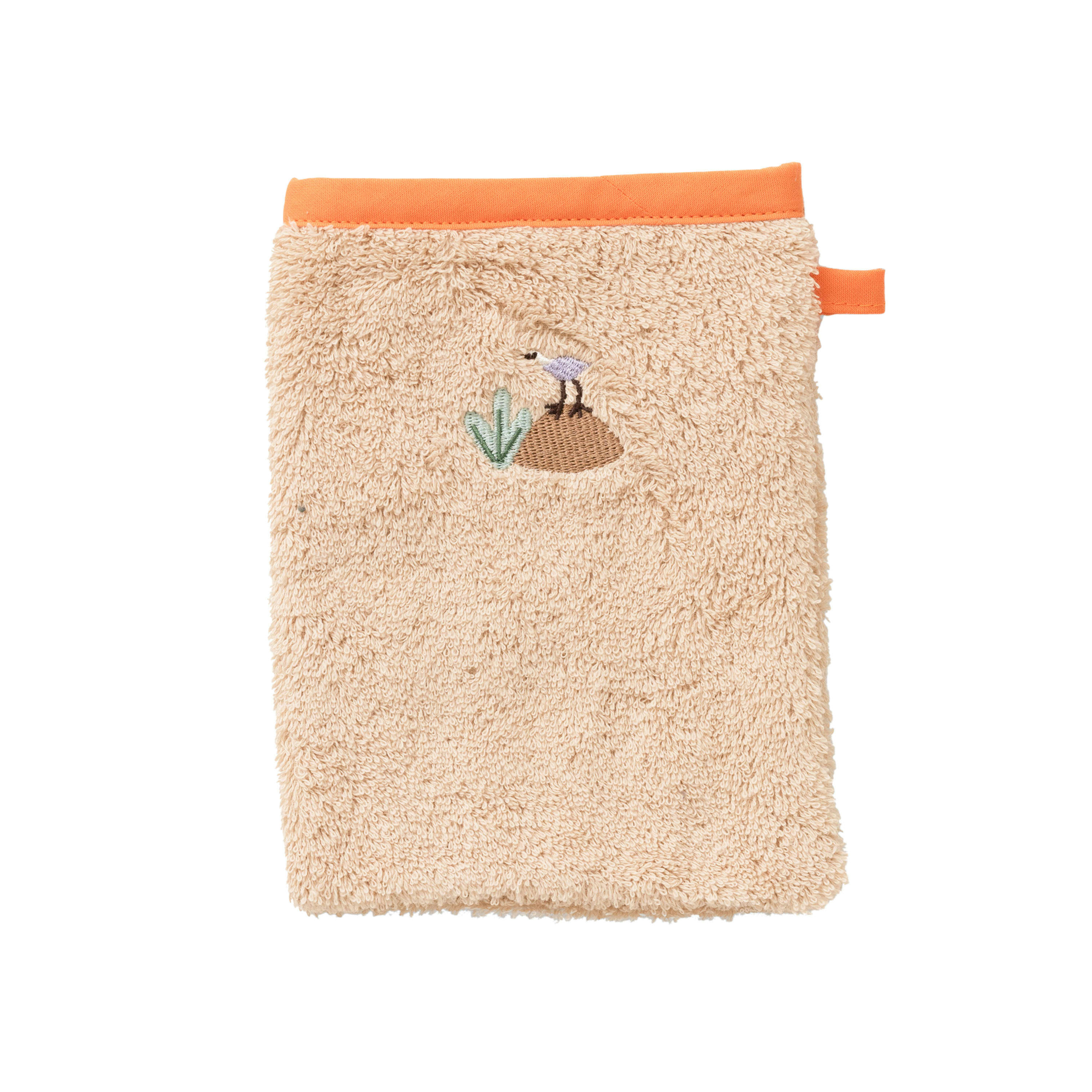 SAFARI - Gant de toilette coton bio brodé bouclette beige 15 x 21 cm