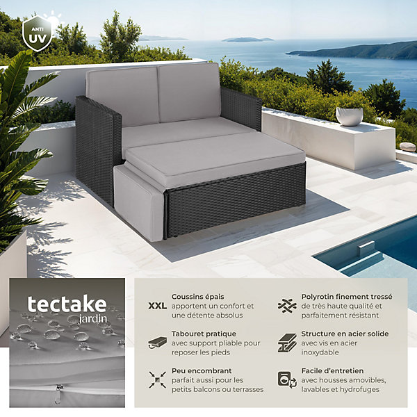 Canapé de jardin Lounge en rotin 2 places noir/gris
