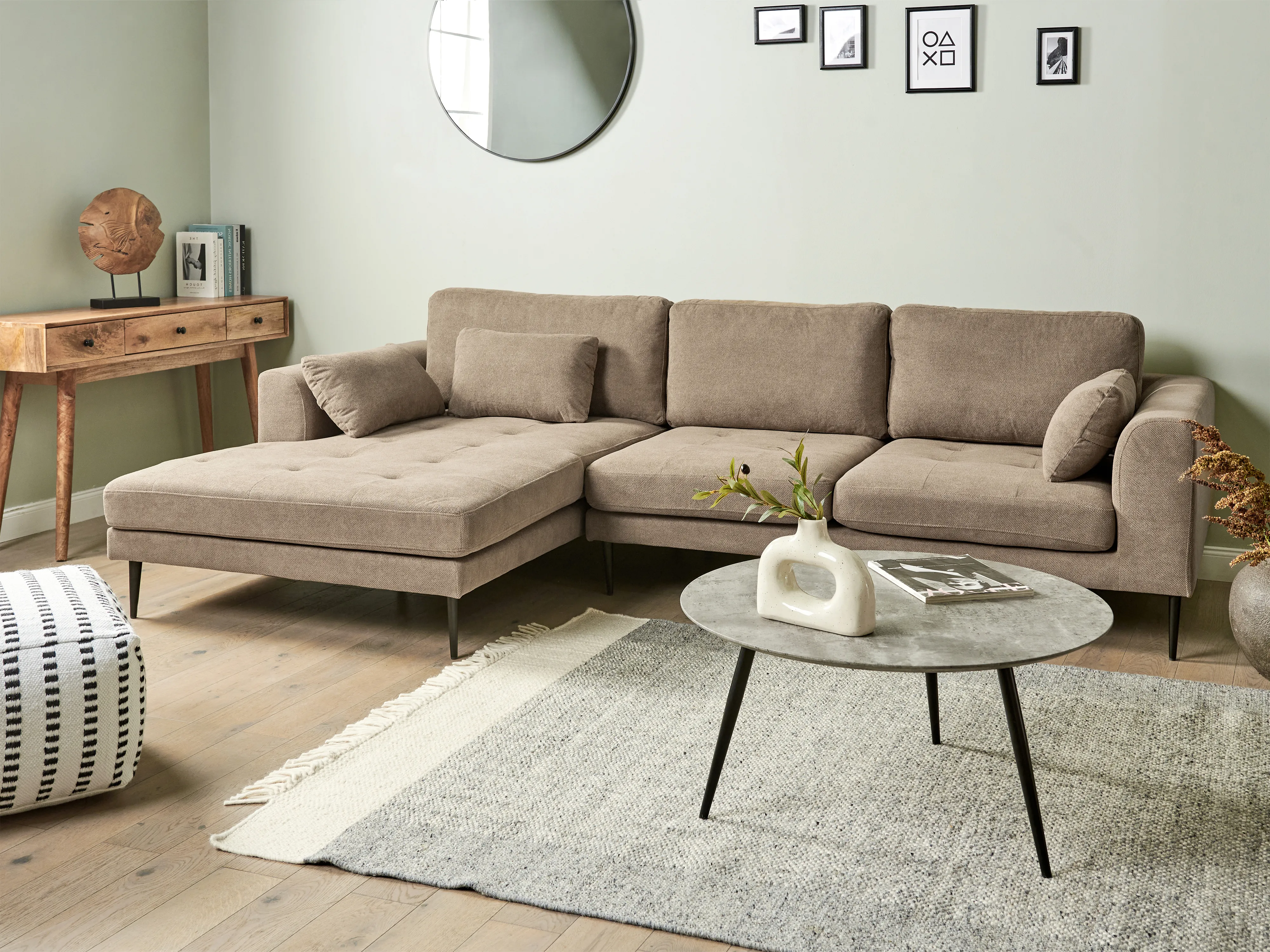 Corner Sofa 3 Seater FLAM Fabric Light Brown Right Hand