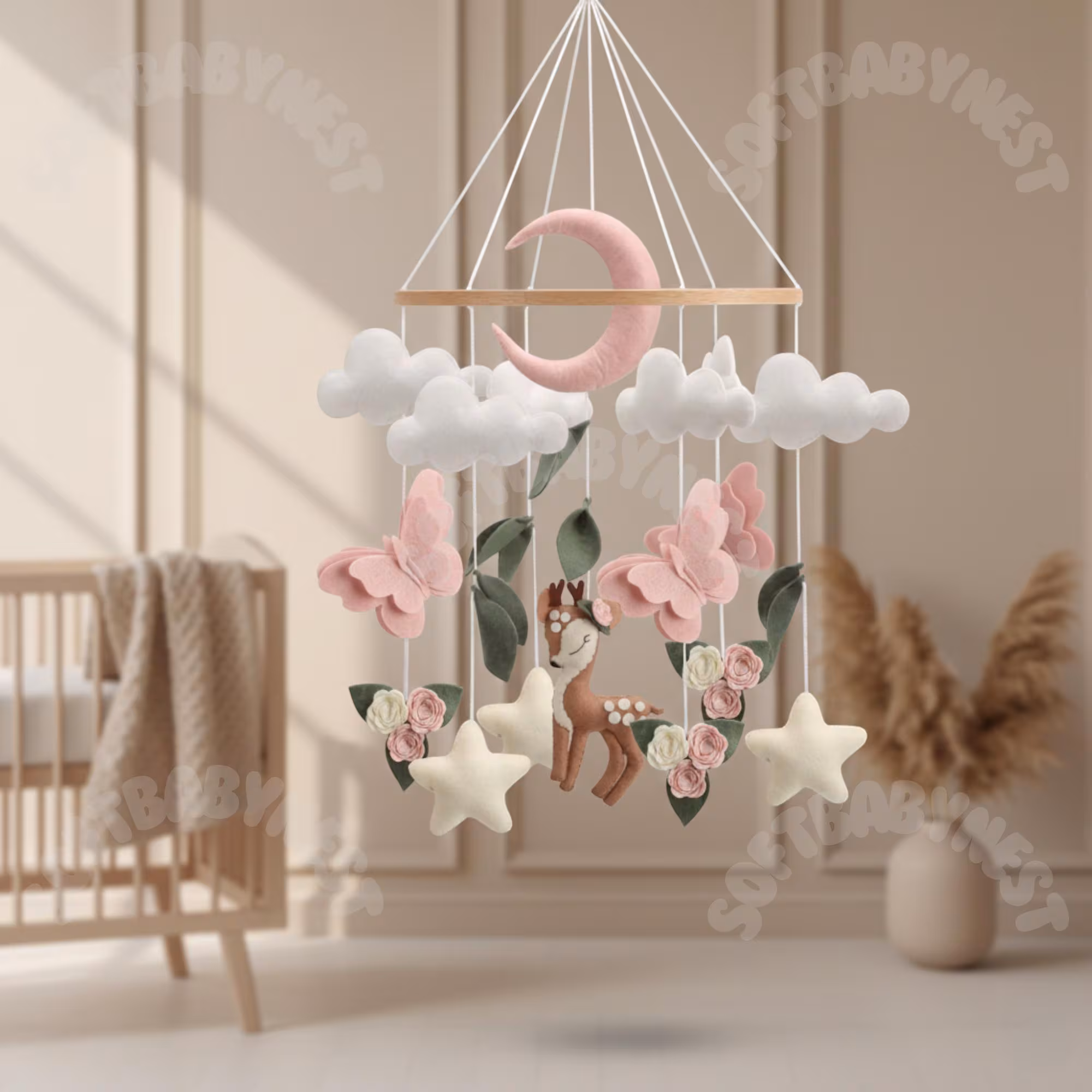 Woodland Deer Baby Mobile for Nursery Decor, Baby Girl Crib Mobile, Felt Flower & Butterfly, Baby Shower Gift, Cot Mobile