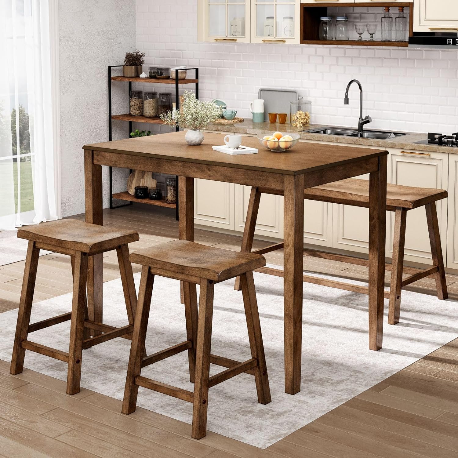 Sophia & William Dining Table Set for 4, Counter Height Table and Chairs Set of 4, Wood Kitchen Table Set with Bench and Chairs, Rectangular Breakfast Dining Set Space Saving,Rustic Caramel