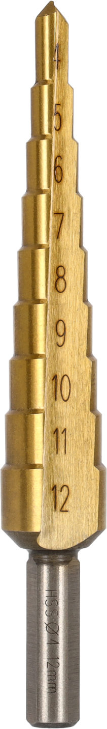 Wiertło Stopniowe HSS-TiN Wiertło ø 4-12 mm , Skok 1 mm , Uchwyt ø 6 mm STALCO PERFECT S-72528