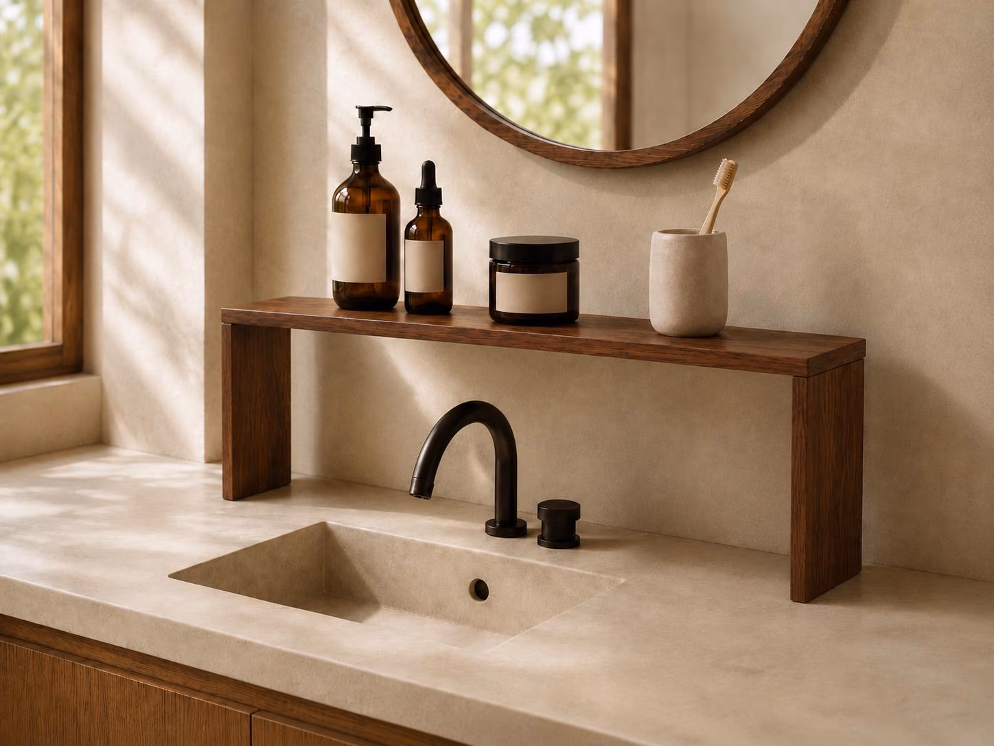 Bathroom Counter Organizer Wooden Sink Caddy Space Saving Small Bathroom Storage Countertop Vanity Cosmetic Holder Toiletry Stand Minimalist