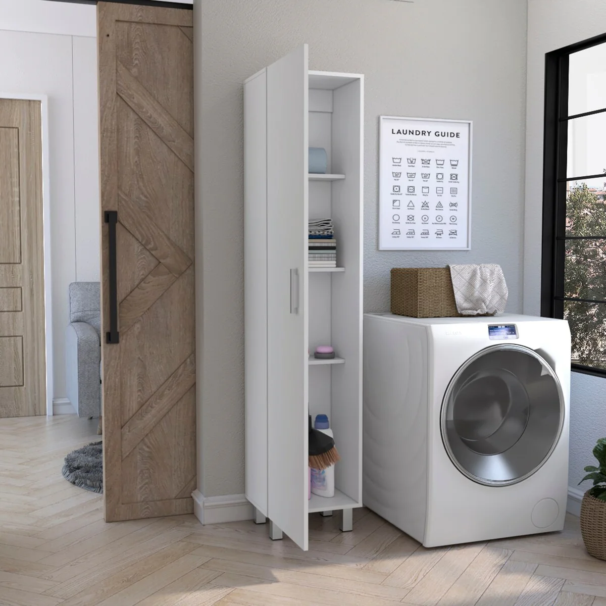 Vintro Storage Cabinet, Broom Hangers, Metal Handle -White