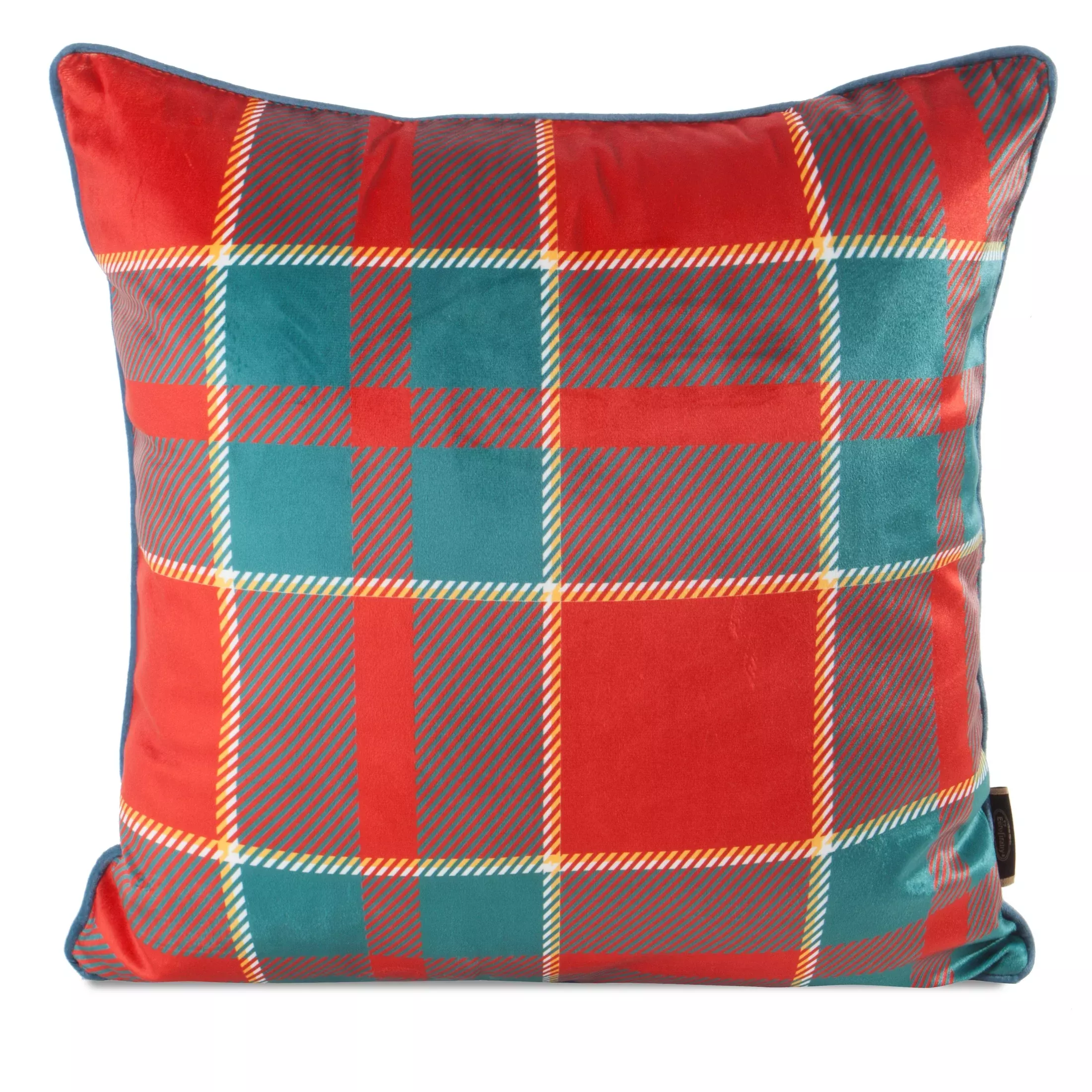 Poszewka na poduszkę świąteczna 45x45 cm welwetowa czerwono, zielona w kratę zdobiona elegancką wypustką