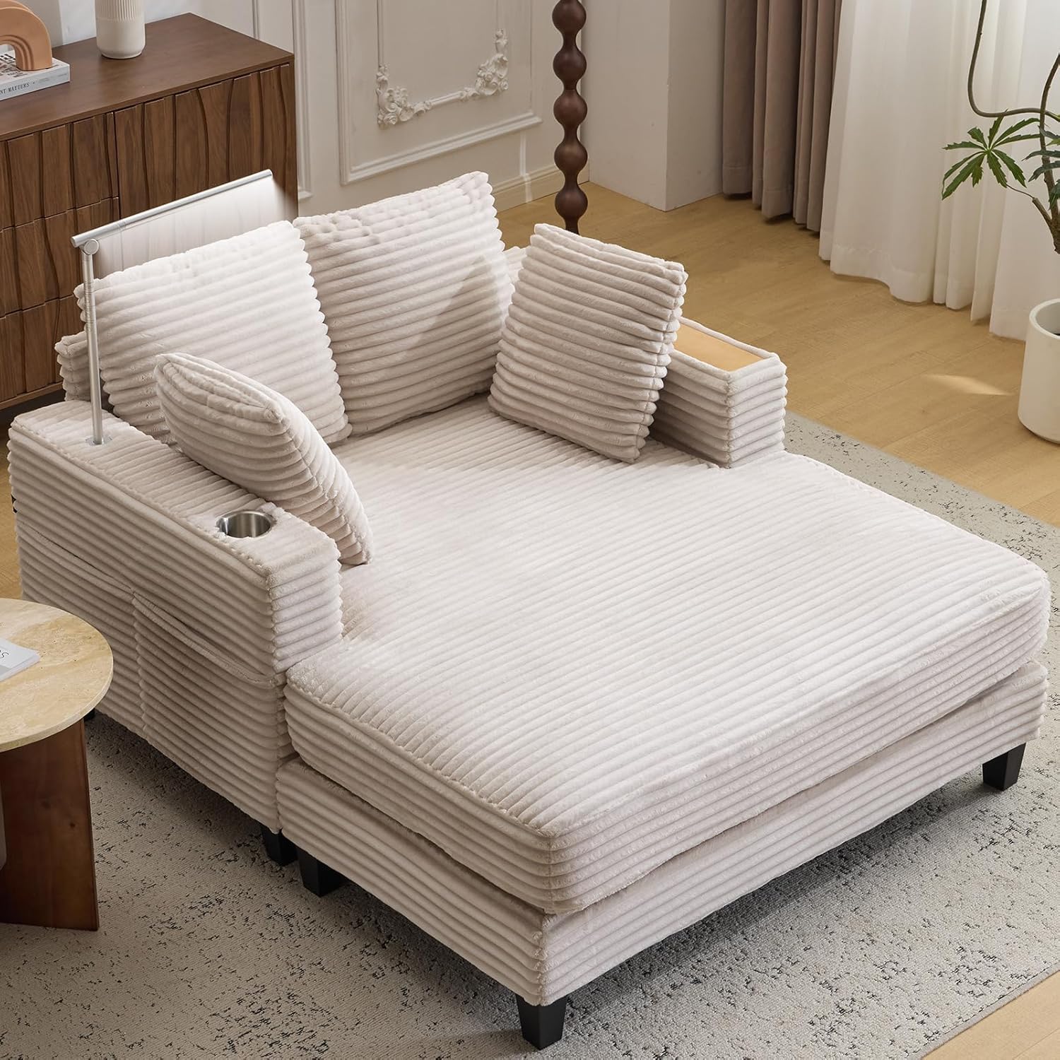 AEDI 60 Chaise Lounge Chair, Sofa Bed with Adjustable Reading Light, USB & Type-C Charging, Wood Tray & Cup Holder (Velvet Corduroy, Beige)