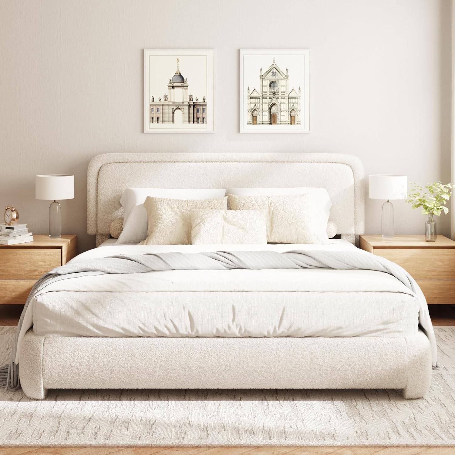 Queen Size Boucle Bed Frame, Upholstered Platform Bed with Height Adjustable Headboard & Soft Rounded Corners, Noise Free, Easy Assembly, No Box Spring Needed, Beige
