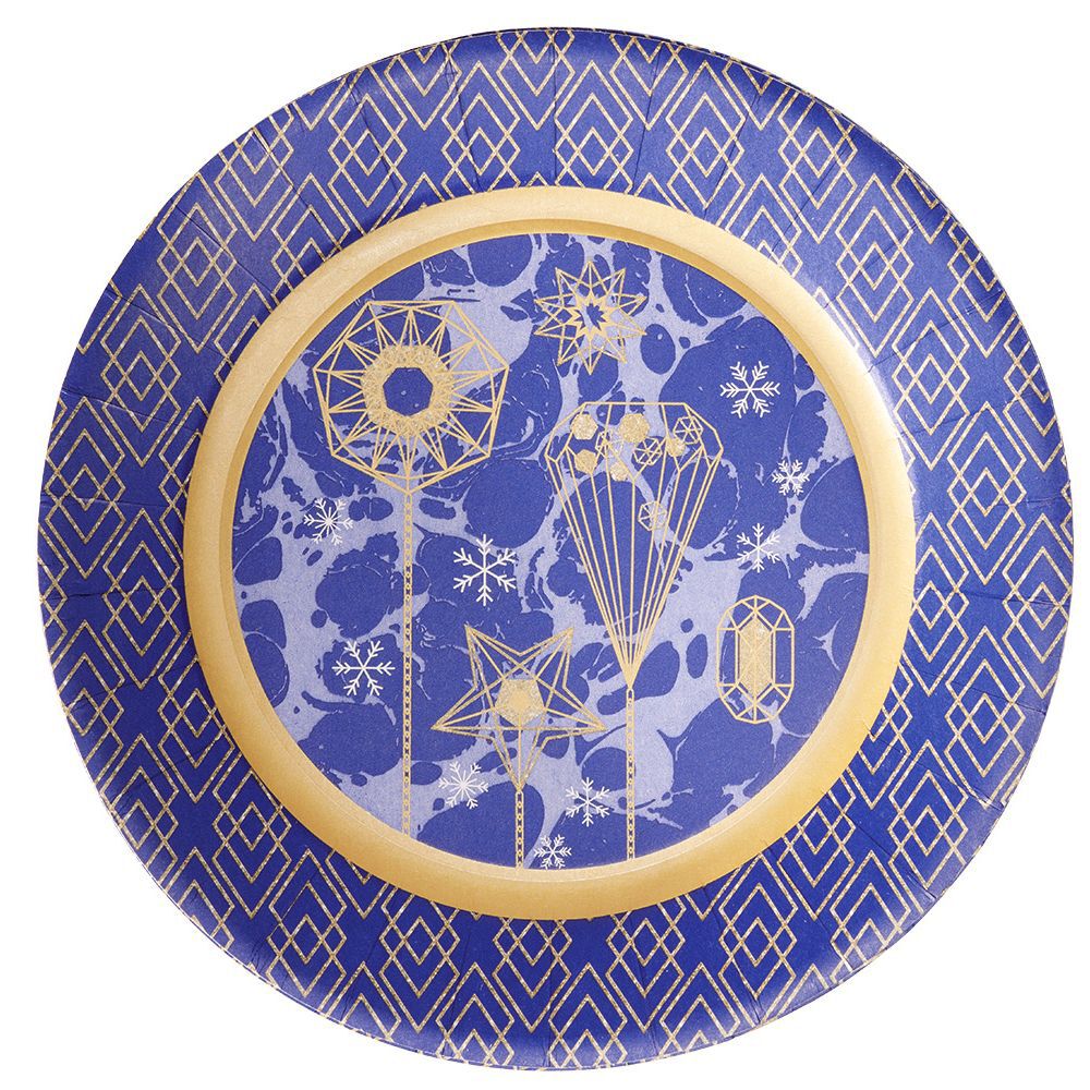 Lot de 10 assiettes jetables en carton bleu motif doré