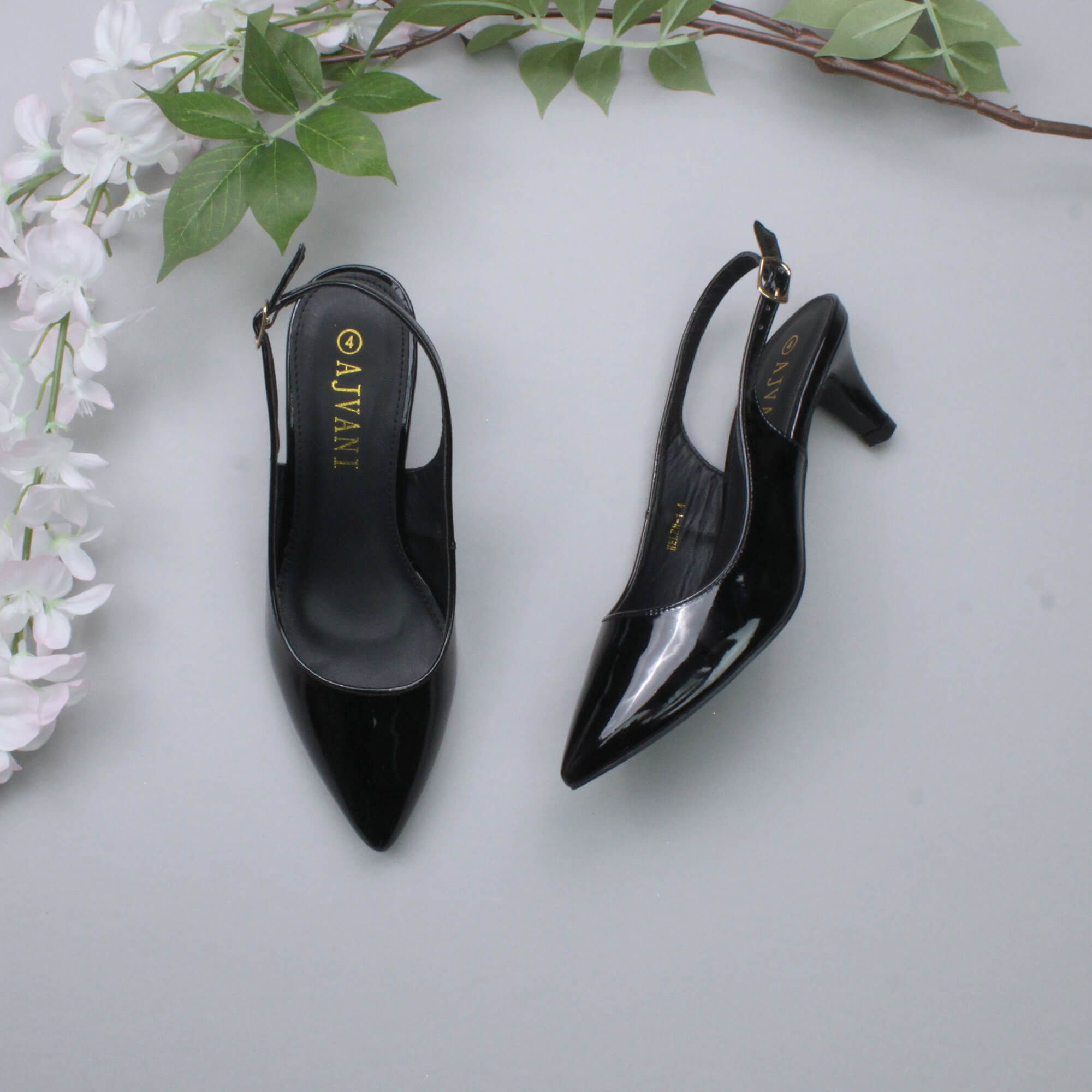 AJVANI Mid Heel Pointed Toe Patent Slingback 50s Court Shoes