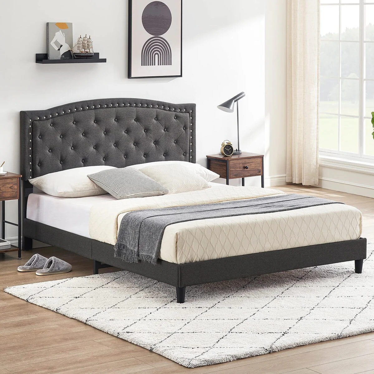 Tufted Velvet Upholstered Low Profile Standard Bed Platform Bed Frame