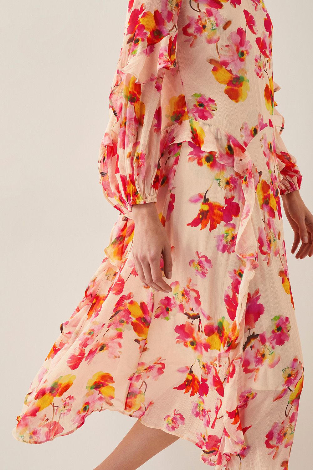 Monsoon Vanna Frill Floral Print Midi Dress Ivory