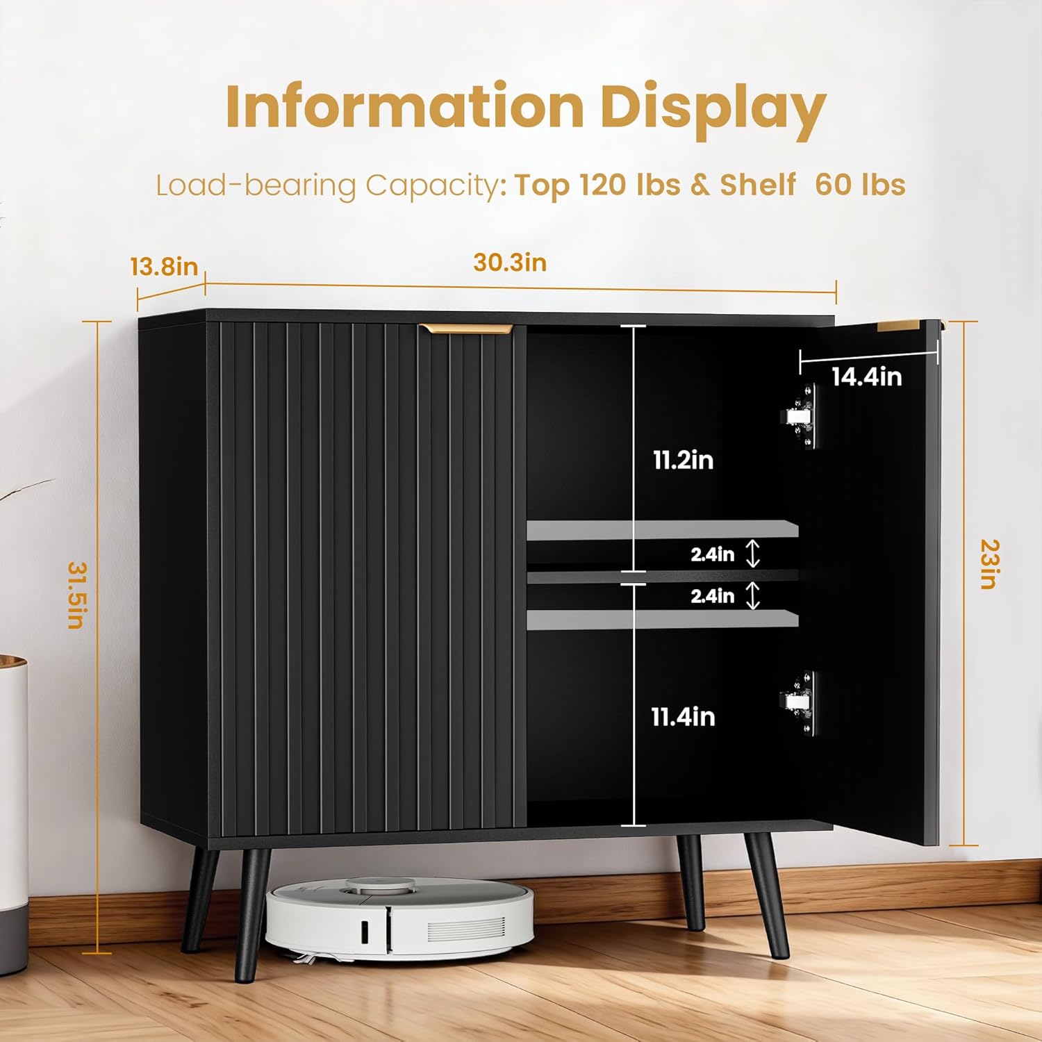 Black Fluted Buffet Cabinet, Free Standing Sideboard with Storage, Wood Accent Cabinet with Doors & Shelf, Modern Credenza, Sideboard Buffet Cabinet for Living Room, Dining Room(1, Black)