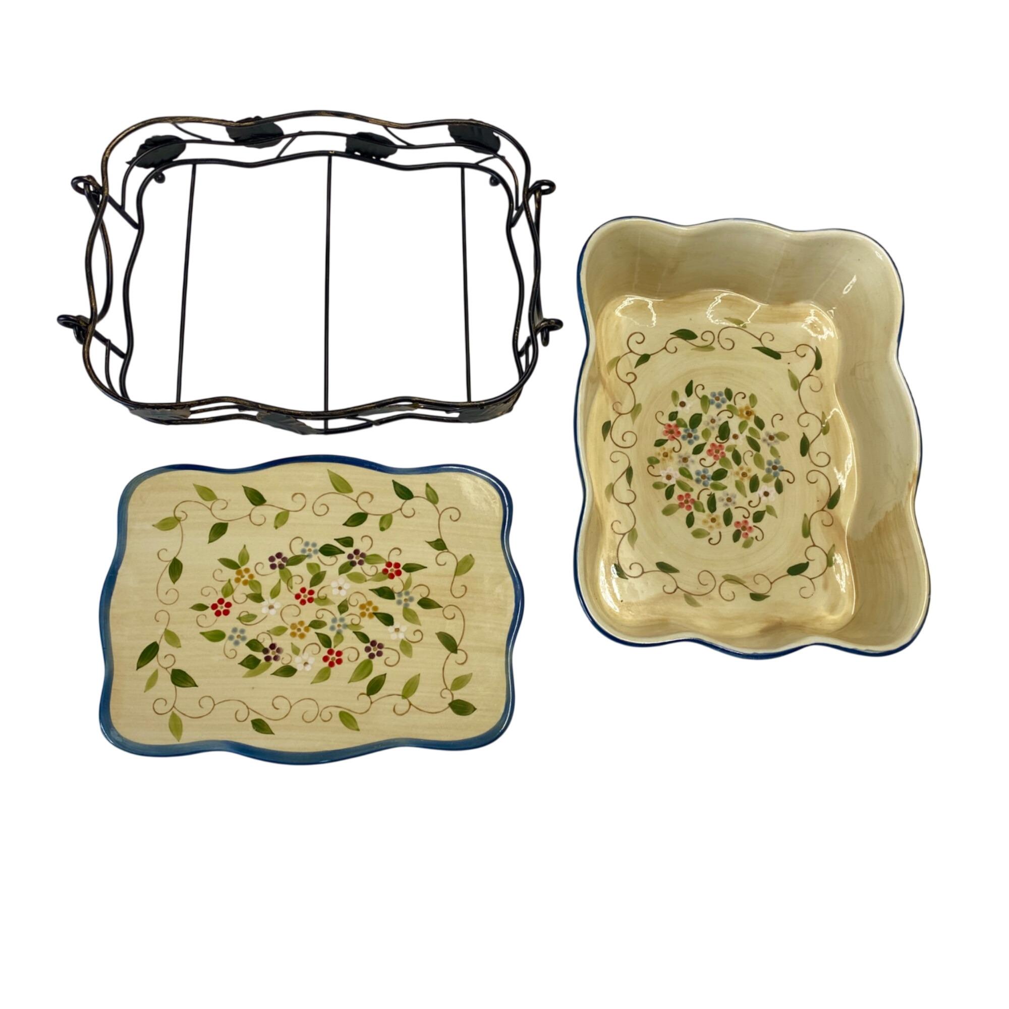 Temptations Ceramic Baking Dish With Metal Rack Floral Design Hand-Painted Oven Safe Decorative Bakeware