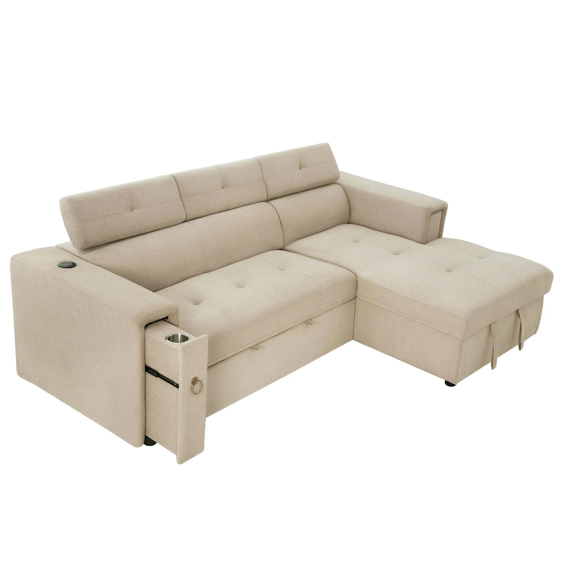 Modern Sofa Bed with Adjustable Headrests and Wireless Charging and Storage and Pull Out Bed for Apartments or Guest Rooms