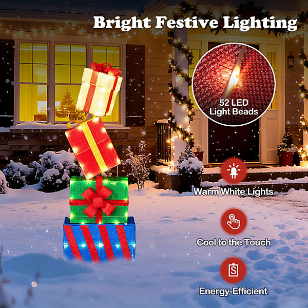 Lot de 4 Boîtes Cadeaux LED Noël Combinaison Flexible Lumineuse avec 51 Lumières LED Chaudes et Nœuds, Jardin et Balcon
