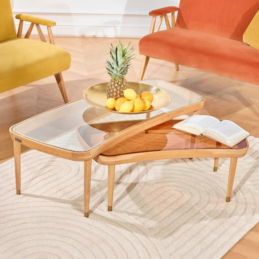 YVONNE - Table basse gigogne chêne et plateaux verre