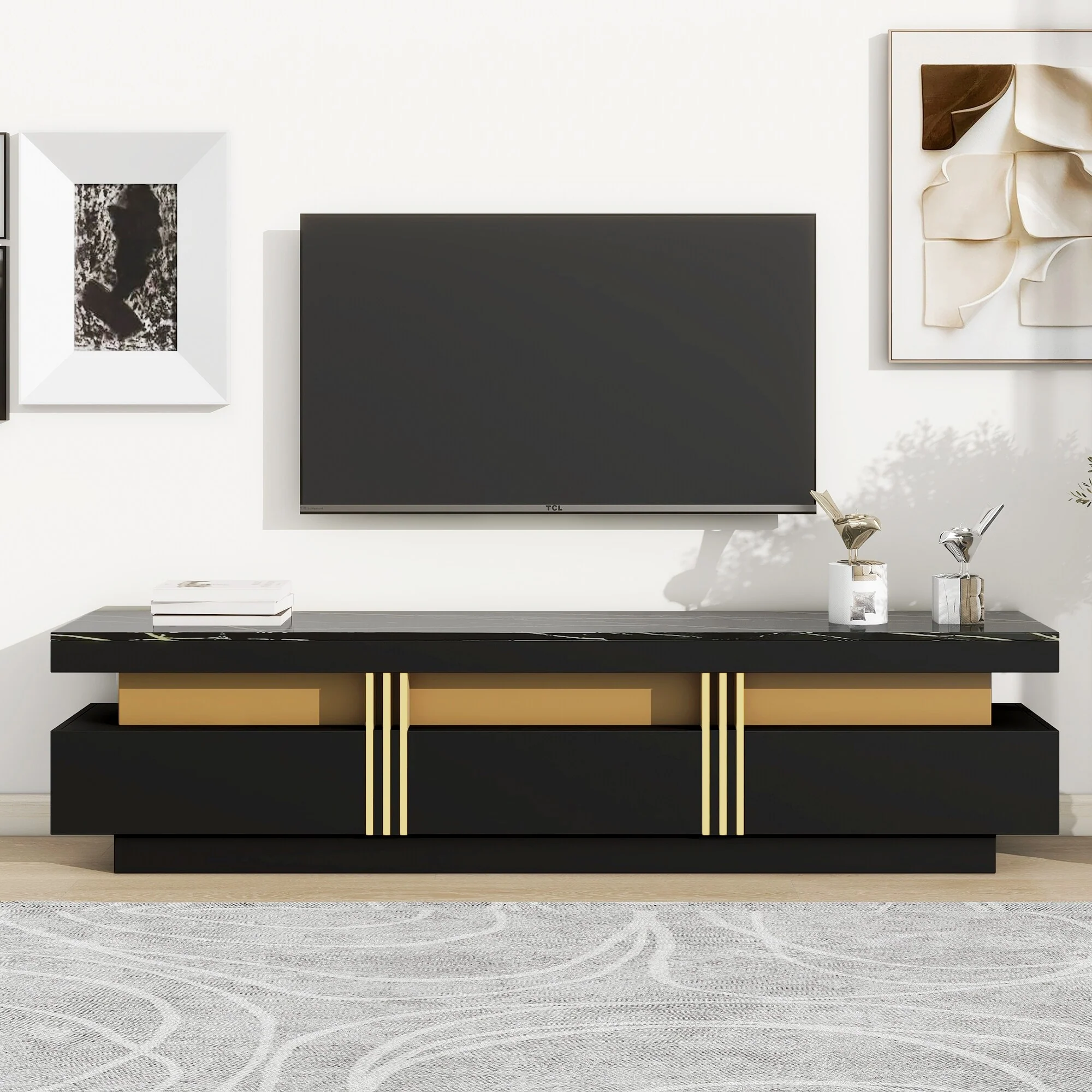 Black+Gold 68 TV Stand with Drawers, Faux Marble Top & Gold Panel for TVs Up to 78