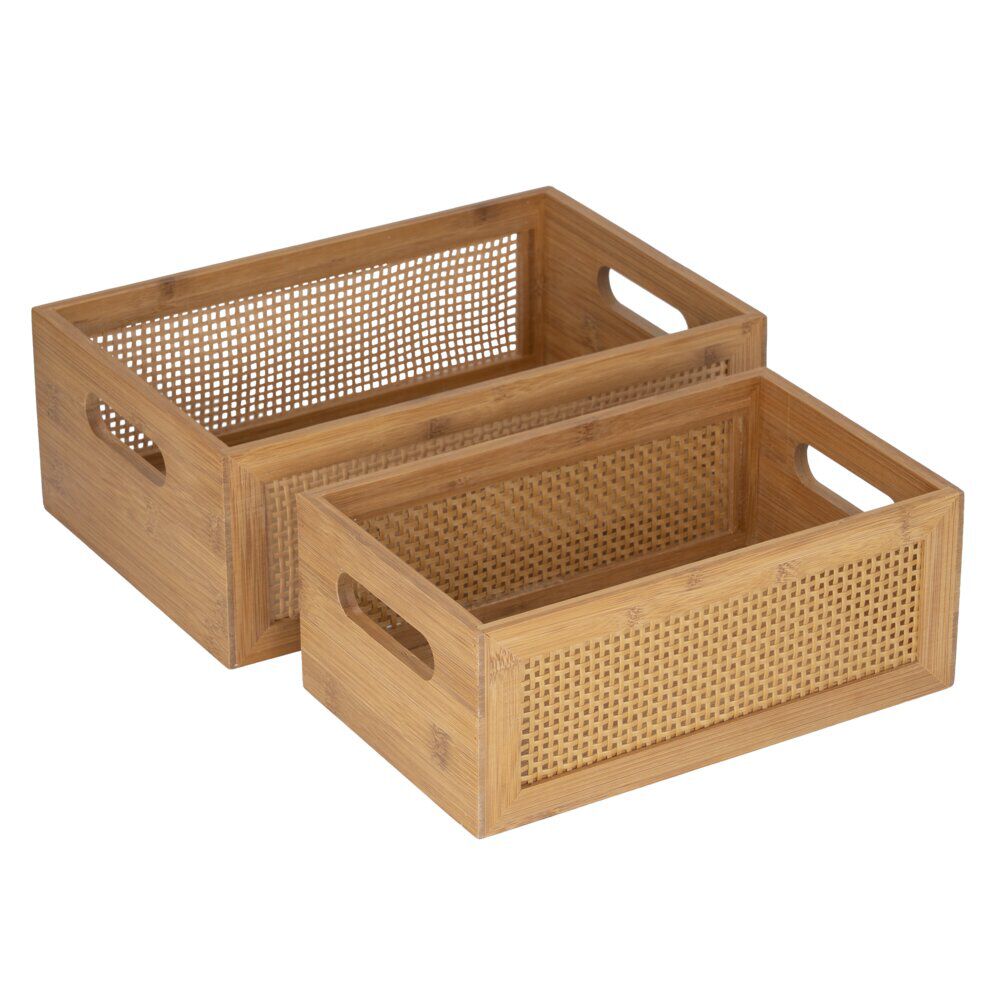 Caisse rangement cuisine x2 bois et bambou 2 faces effet rotin tressé 2 tailles