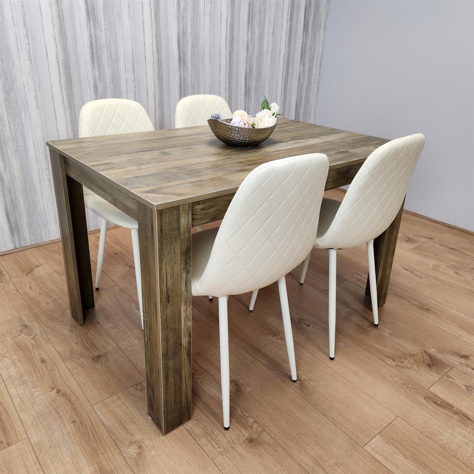 KOSY KOALA Rustic Effect Wooden Dining Table and 4 Cream Gem Pattern Chairs - Dining Furniture Set